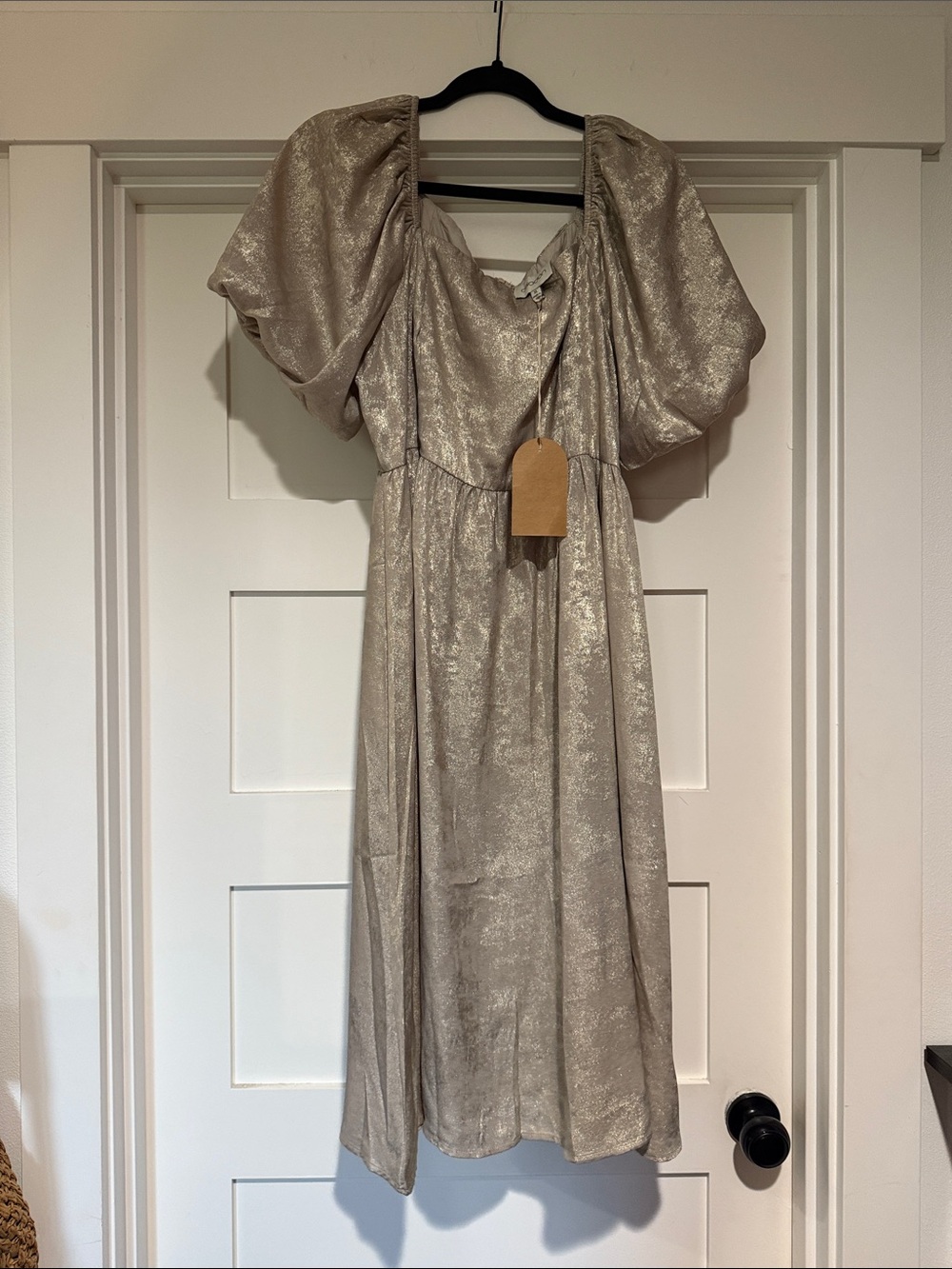 Shimmery Puff Sleeve Midi Dress in Light Champagne
